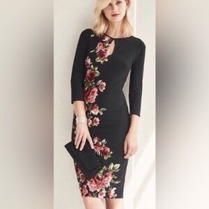 White House Black Market Dress Womens Medium Black Rose Floral Reversible Sheath